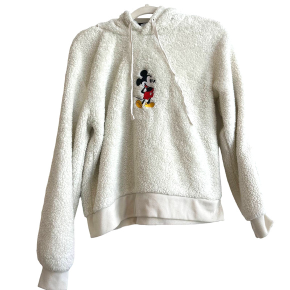 Disney Mickey Mouse Sweaters - Disney Mickey Mouse Ivory Sherpa With Mickey on the Front Hooded Pullover
